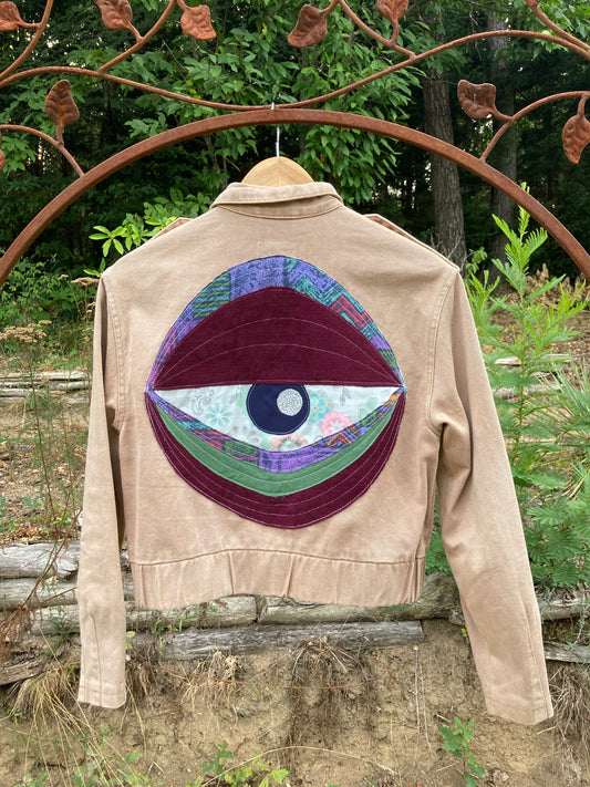 KUSTOM n°24 veste en jean beige courte style bombers zippée OEIL
